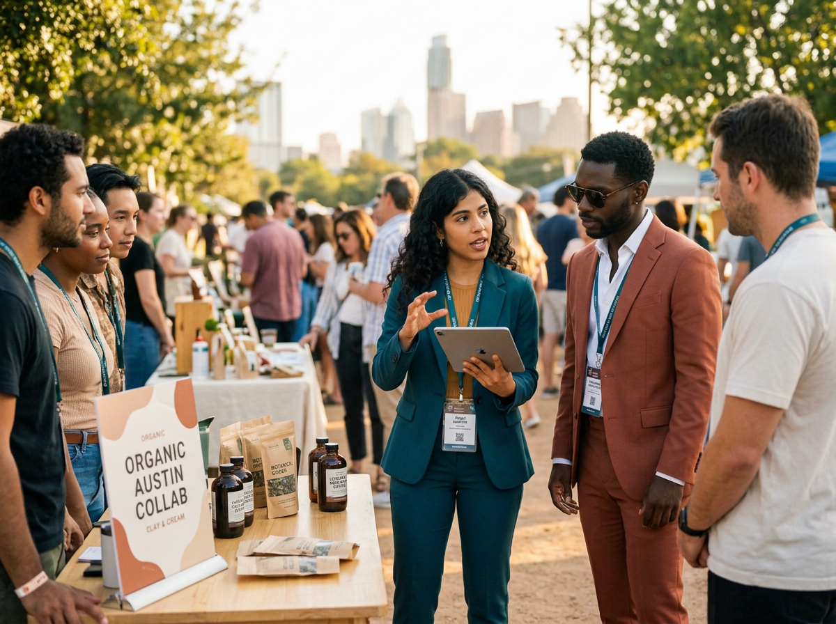 Team briefing retail partners beside a branded table at an outdoor Austin event