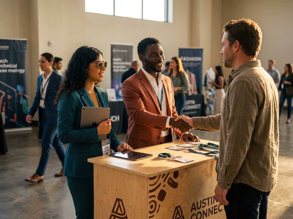 Austin Experiential representatives in teal and clay suits shaking hands with a retail partner at a branded activation counter