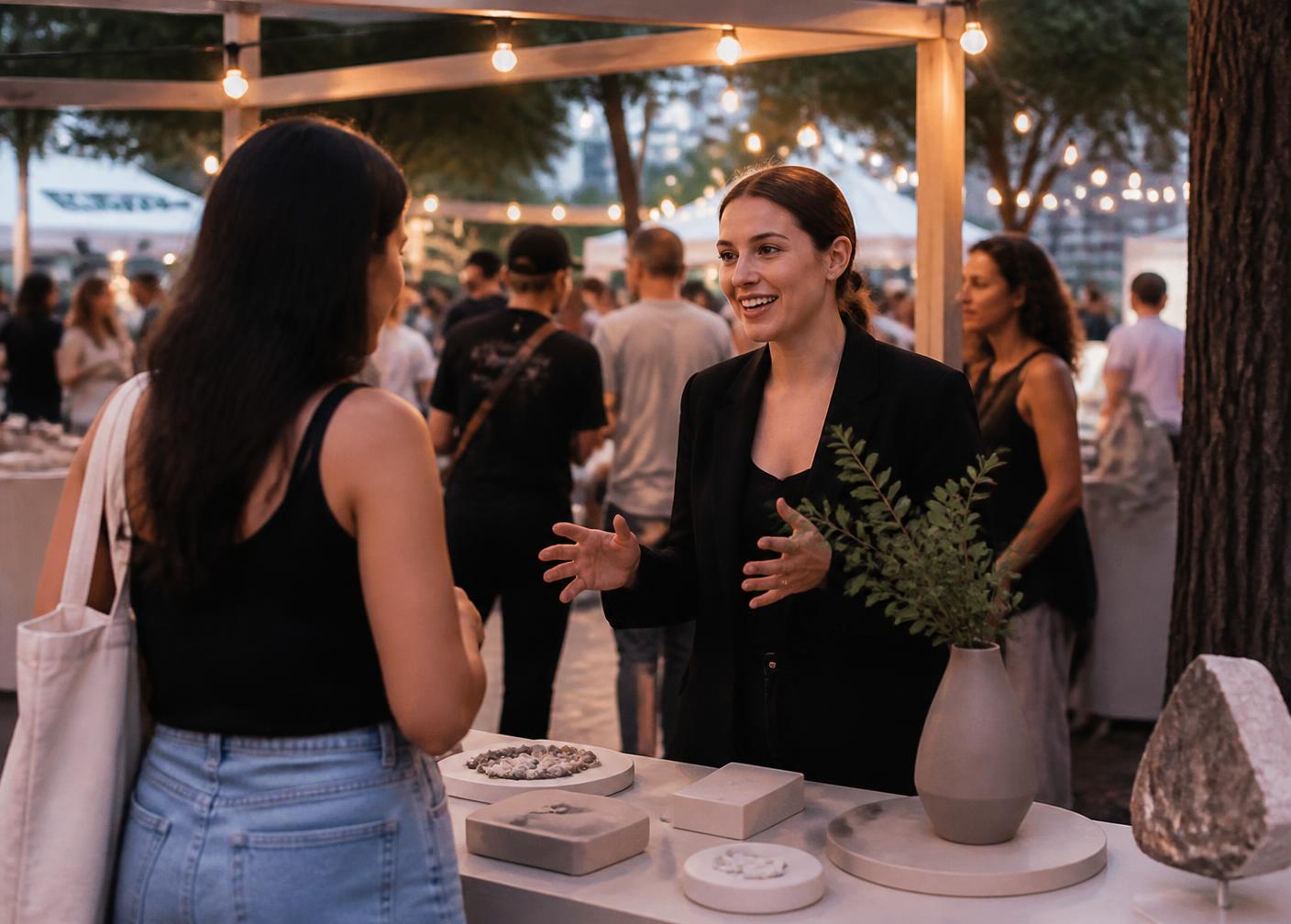 A brand representative speaking with a customer at an outdoor activation booth