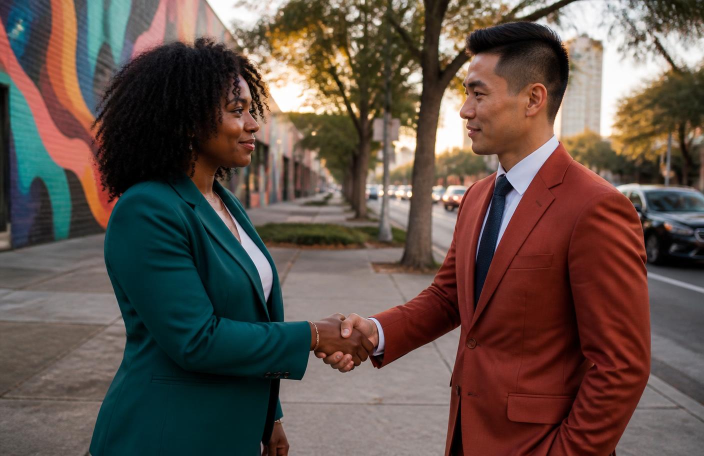 Two business professionals in colorful suits shaking hands on an Austin street
