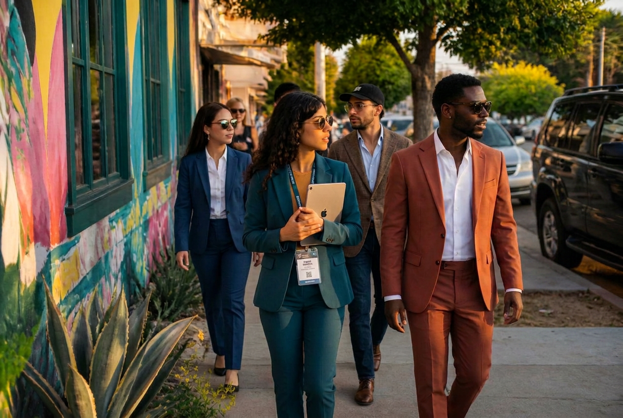 People walking past a painted storefront in an Austin neighborhood in late afternoon light