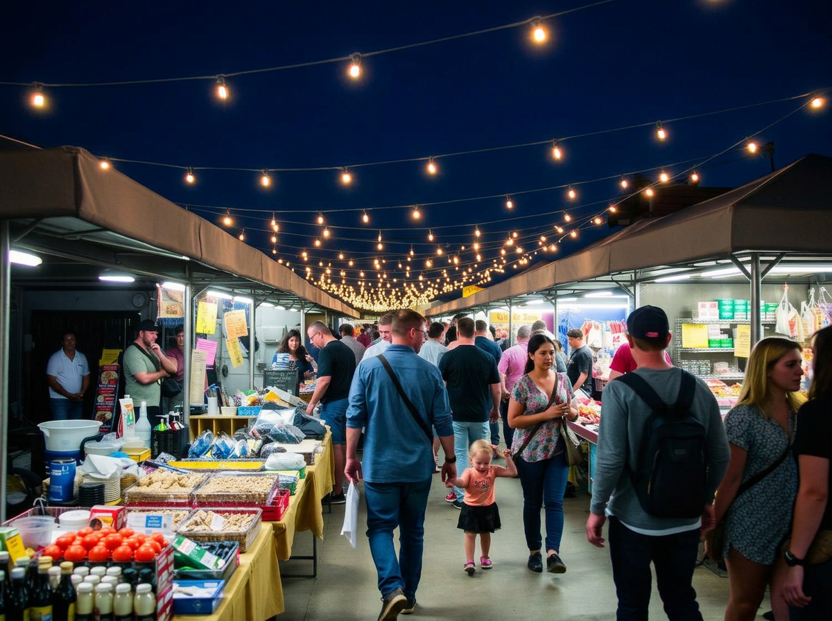 Shoppers, families and vendors at an outdoor neighborhood market in Austin at dusk